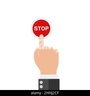 Hand finger pressing of red button STOP. Vector illustration. Touch concept Stock Vector