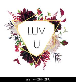 Vector design floral flower card. Natural triangle geometric Frame Dahlia garden pink burgundy red flowers astilbe thistle leaves mix frame vector com Stock Vector