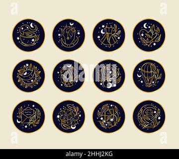 Celestial magic gold icon Social media highlight set - boho star and moon floral symbol Stock Vector