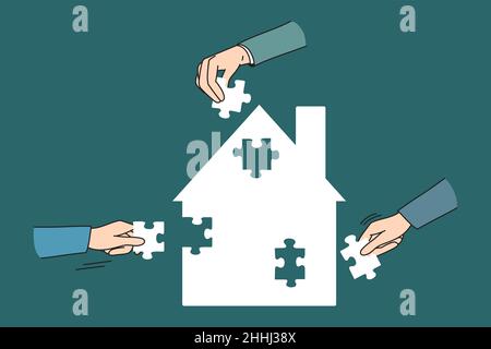 Teamwork cooperation and collaboration concept. Human hands of partners colleagues teammates forming one picture of pieces puzzles together vector illustration  Stock Vector