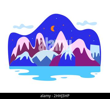 Cartoon evening landscape vector landscape with mountains, hills, sky, moon and lake. Stock Vector