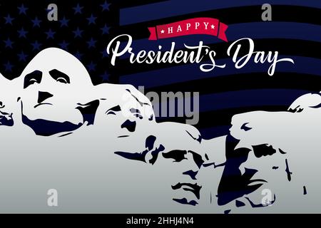 Happy President's Day lettering with mount Rushmore. 4 US presidents monument background design for banner, poster, greeting card. Vector illustration Stock Vector