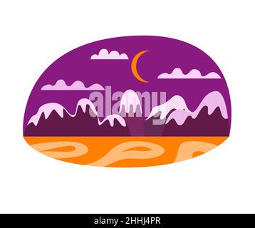 Vector flat illustration of hills and mountains evening landscape. Hill nature, element for landscape outdoor, rock snow, outdoor concept. Stock Vector