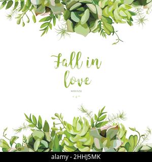 Vector floral design square card design. Tender succulent, cactus flower garden eucalyptus green fern seasonal branches leaves mix. Greeting, invitati Stock Vector