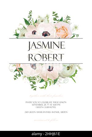 Wedding Invitation, invite card Design with Rose Anemone Ranunculus flower herb plant leaf bouquet frame, border crown. Vector anniversary floral Bota Stock Vector