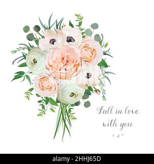 Flower floral vector bouquet of garden pink Rose Anemone Ranunculus flowers, botanical natural Eucalyptus branch, Ruscus leaves Illustration on white. Stock Vector