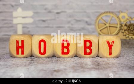 HOBBY word written on wood block. Wooden ABC. Stock Photo