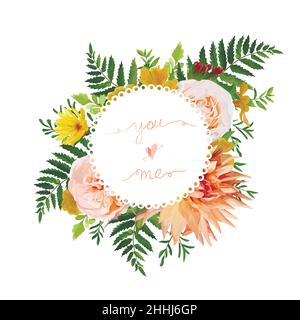 Flower airy wreath bouquet of pink garden Rose, yellow calendula, Primrose orange Dahlia flowers forest fern green leaves greenery. Wedding trendy vec Stock Vector