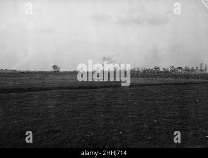 Shells bursting over the battlefield close to  Diksmuide during the Battle of  the Yser . Circa October 17th 1914 Stock Photo