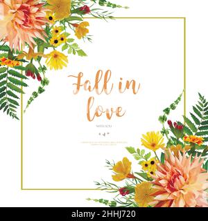 Vector floral design card. Dahlia marigold yellow sunflower flower peach orange garden green forest fern leaves Greeting invitation wedding Rustic cut Stock Vector