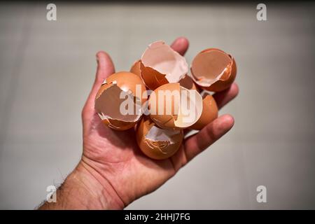 Hand with a handful of broken eggshells Stock Photo