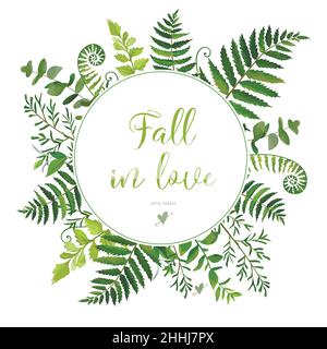 Green Leaves foliage vector round greenery leaf wreath of eucalyptus branches forest fern frond herb plant assortment mix card design Delicate natural Stock Vector