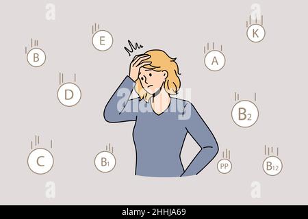 Lack of vitamins on body concept. Young stressed woman standing touching head feeling unhealthy and tired with lack of various vitamins and minerals in her body vector illustration  Stock Vector
