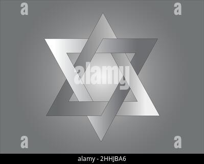 A graphic depicting a five-pointed, gray star created by joining two triangles. It is placed on a gray background. Stock Vector
