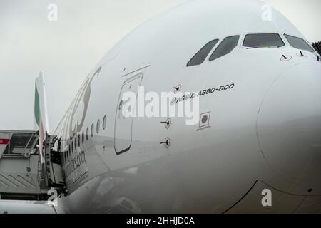 Sao Paulo, Sao Paulo, Brazil. 22nd Jan, 2022. Detail of the Emirates Airbus A380-800, the world's largest passenger jet, operating at Heathrow Airport, London on January 22, 2022. (Credit Image: © Paulo Lopes/ZUMA Press Wire) Stock Photo