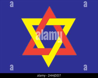 A graphic depicting a five-pointed, red-yellow star formed by joining two triangles. It is placed on a blue background. Stock Vector