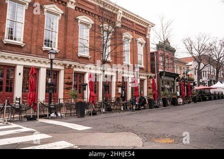 business district in Old Town Alexandria with restaurants and shops in view Stock Photo