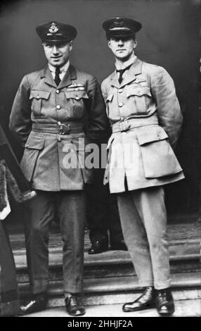 Captain John William Alcock (left) and Lieut Arthur Whitten-Brown (right) To some, the end of World War One was the beginning of opportunity, and Alcock and Brown made the first ever non-stop transatlantic flight from Newfoundland to Galway on 14th June 1919  They flew a modified First World War Vickers Vimy bomber from Trespassy Harbour, St. John's, Newfoundland, 1,960 miles to Derrygimla bog, Clifden, Connemara, County Galway, Ireland. They arrived at 08.40am on 15th June.  The Secretary of State for Air, Winston Churchill, presented them with the Daily Mail prize for the first crossing of t Stock Photo