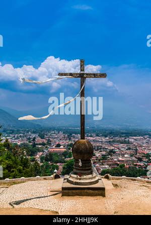 Panoramic view from Cerro de la Cruz with Volcano De Agua in the background in Antigua, Guatemala. Stock Photo