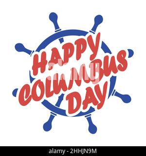 Columbus day badge with ship steering wheel in flat design, isolated. Vector illustration Stock Vector
