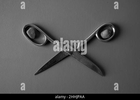 Stone, paper, scissors game set white background isolated closeup,  rock-paper-scissors play, question & answer concept, choose problem solution,  decision choice, make wish, desire symbol, dispute sign Stock Photo