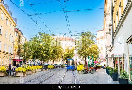 Tram in the french quarter of Haidhausen in Munich Stock Photo