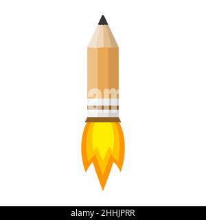 Pencil as flying rocket with fire, on white background. Vector illustration. Concept of creative design. Stock Vector