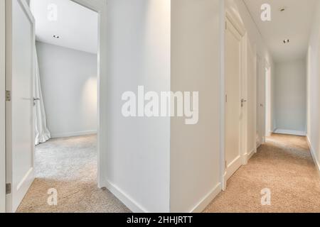 Perspective view of empty corridor with doors and room with white walls in light apartment Stock Photo
