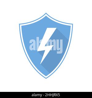 Blue shield with lightning icon in flat design. Vector illustration. Shield isolated on white background. Stock Vector
