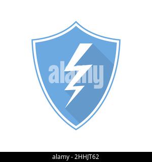 Blue shield with lightning icon in flat design. Vector illustration. Shield isolated on white background. Stock Vector