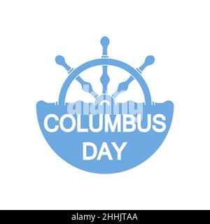 Columbus day badge with ship steering wheel in flat design, isolated. Vector illustration Stock Vector