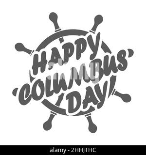 Columbus day badge with ship steering wheel in flat design, isolated. Vector illustration Stock Vector