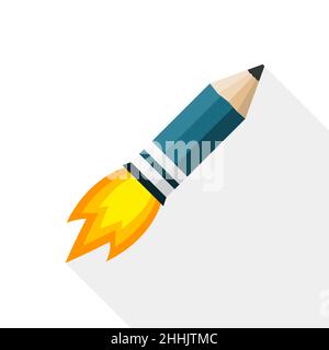 Pencil as flying rocket with fire, on white background. Vector illustration. Concept of creative design. Stock Vector