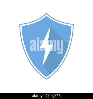 Blue shield with lightning icon in flat design. Vector illustration. Shield isolated on white background. Stock Vector