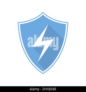 Blue shield with lightning icon in flat design. Vector illustration. Shield isolated on white background. Stock Vector