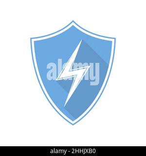 Blue shield with lightning icon in flat design. Vector illustration. Shield isolated on white background. Stock Vector