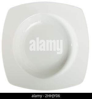 Empty square white plate on white Stock Photo