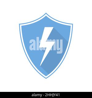 Blue shield with lightning icon in flat design. Vector illustration. Shield isolated on white background. Stock Vector
