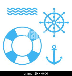 Set of marine objects: anchor, ships wheel, lifebuoy, waves. Vector illustration. Set of blue marine signs isolated Stock Vector