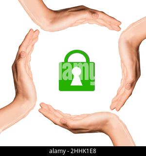 Four hands forming a circle around a lock icon, symbolizing security or information security in focus. Stock Photo