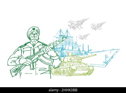 Soldier and tanks and aircraft hand drawing. February 23. Defenders of the Fatherland Day. Postcard military holiday in Russia. Stock Vector