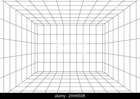 3D perspective digital grid of room space with one point perspective. White empty geometric cyberspace studio background. Virtual three dimension scen Stock Vector