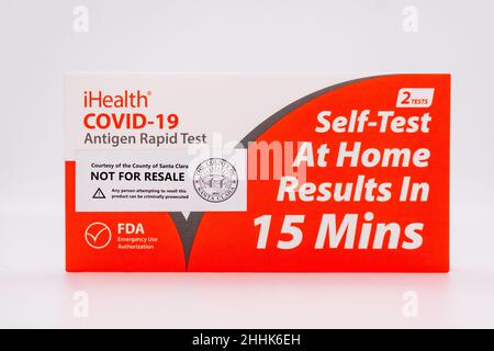 Box of iHealth Covid-19 home antigen rapid test kit distributed for free in Santa Clara County. Not for resale warning label - San Jose, California, U Stock Photo