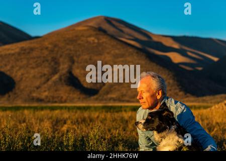 USA, Idaho, Bellevue, Senior man with border collie in field at sunset Stock Photo