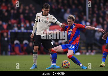 London, UK. 23rd Jan, 2022. Conor Gallagher of Crystal Palace (23) and Roberto Firmino of Liverpool in action. Premier league match, Crystal Palace v Liverpool at Selhurst Park stadium in London on Sunday 23rd January 2022. this image may only be used for Editorial purposes. Editorial use only, license required for commercial use. No use in betting, games or a single club/league/player publications. pic by Steffan Bowen/Andrew Orchard sports photography/Alamy Live news Credit: Andrew Orchard sports photography/Alamy Live News Stock Photo