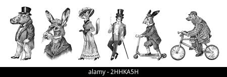 Brown bear rides a bike. Fox and monkey, hippopotamus and Hare or rabbit on a scooter. Antique gentleman in a cap and coat. Victorian man. Vintage Stock Vector