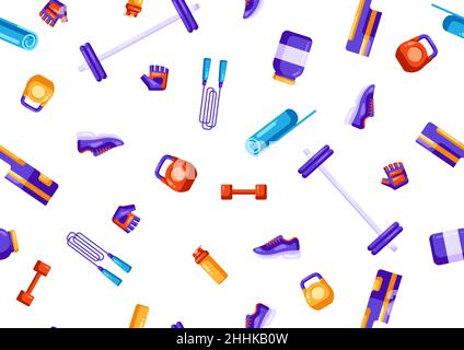 Seamless pattern with fitness equipment. Sport bodybuilding items illustration. Stock Vector