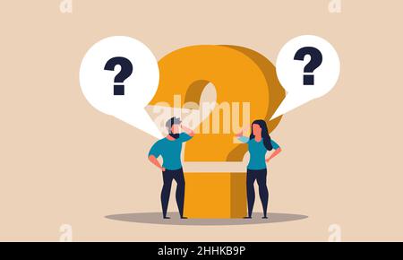 Question problem and answer solution idea with man and woman. Help solve with advice mark vector illustration concept. Support thinking and business d Stock Vector
