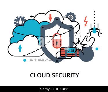 Modern flat thin line design vector illustration, infographic concept of cloud computing security, network protection and secure online payments for g Stock Vector