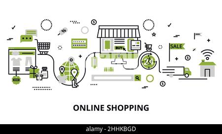 Modern flat thin line design vector illustration, concept of online shopping, internet sales with retail and commerce elements for graphic and web des Stock Vector